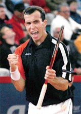 Radek Stepanek celebrates after defeating Jose Acasuso in the semifinal of the ATP Masters Series tennis tournament in Hamburg on Saturday