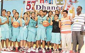 Members of the Chhattisgarh team rejoice after winning the title in the girls section of the 57th Dhanoa Junior National Basketball Championship in Ludhiana