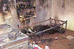 An inside view of the room where a child was burnt alive while sleeping on the cot near Abohar on Saturday.