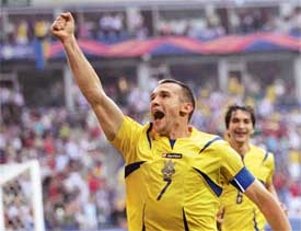 Ukraine�s Andriy Shevchenko celebrates his goal against Saudi Arabia during their Group H match in Hamburg on Monday