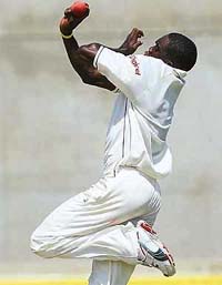 Jerome Taylor of the West Indies in action on the first day of the fourth Test in Kingston