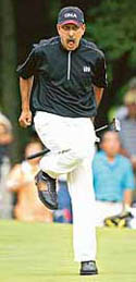 Jeev Milkha Singh reacts after a biride putt on the 1st hole of the final round of the UBS Japan Golf Tour Championship in Kasama, on the outskirts of Tokyo, on Sunday.