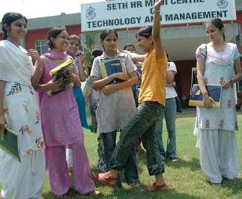 Girls in a happy mood as Multani Mal Modi College reopened after summer vacations in Patiala on Monday. 
