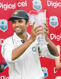 Rahul Dravid holds the trophy after India defeated the West Indies on the third day of the fourth and final Test at Sabina Park in Kingston, Jamaica