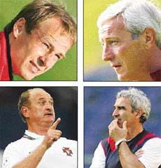 Clockwise from top left: Juergen Klinsmann (Germany), Marcello Lippi (Italy), Raymond Domenech (France) and Luiz Felipe Scolari (Portugal)