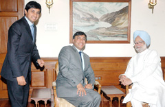The Chairman of Mittal Steel, Mr L.N.Mittal, along with his son Aditya Mittal, at a meeting with Prime Minister Dr Manmohan Singh in New Delhi