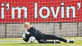 Germany�s goalkeeper Oliver Kahn stops a kick during a training session in Berlin on Friday. Kahn will play in the third-place match against Portugal on Saturday. 