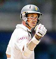South Africa�s Jacques Rudolph celebrates on completing a half century on the fourth day of the first Test against Sri Lanka in Colombo on Sunday. 