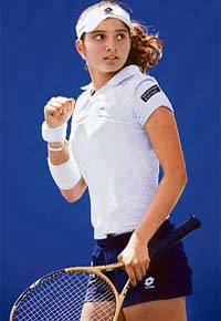 Sania Mirza celebrates after winning a point against Meghann Shaugnessy of the US at the Acura Classic in Carlsbad, California