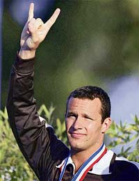 Brendan Hansen celebrates after setting a new world record in the men�s 100 metre breaststroke during the finals for the 2006 Cocono Phillips National Championships and USA team trials in Irvine, California