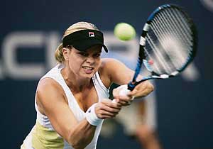 Kim Clijsters hits a return against Nicole Vaidisova during the semifinal of the Acura Classic at Carlsbad, California, on Saturday. Clijsters won 6-2, 7-6 to set up the title clash with Maria Sharapova, who beat Patty Schnyder 7-5, 6-4 in the other semifinal.