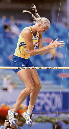 Sweden�s Carolina Kluft celebrates after clearing the bar in the high jump during the women�s heptathlon at the European athletics championships in Gothenburg, Sweden, on Monday. 