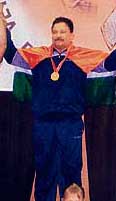 Kartar Singh after winning the gold medal at the 15th World Veteran Wrestling Championship at Riga, Latvia.