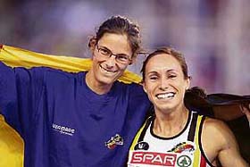Belgium�s Tia Hellebaut (left) celebrates with compatriot Kim Gevaert after they won the women�s high jump and the 200m, respectively, at the 19th European Athletics Championships in Gothenburg, Sweden, on Friday.