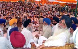 SAD chief Parkash Singh Badal and other senior leaders of the party at a political conference at Isru in Ludhiana on Tuesday.