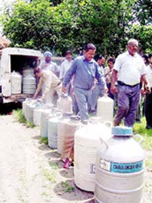 Veterinary pharmacists return the vaccination and artificial insemination kits at Pathankot on Monday. � Photo by J