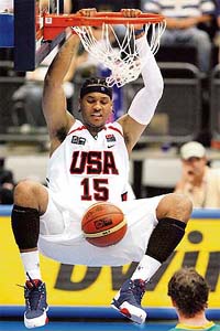 Carmelo Anthony of the USA scores against Australia during a pre-quarterfinal of the World Basketball Championship in Saitama