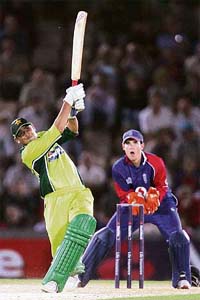 Pakistan�s Younis Khan hits a six during the third one-day match against England at Rose Bowl, Southampton, on Tuesday.
