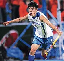 South Korea�s Hyo Sik You celebrates after scoring against the Netherlands during a Pool B match of the hockey World Cup at Monchengladbach on Wednesday