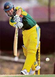 Australian skipper Ricky Ponting hits a four during his innings of 56 against the West Indies in the first ODI of the DLF Triangular series in Kuala Lumpur on Tuesday.