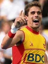 Spain�s Pol Amat rejoices after scoring the golden goal against South Korea in the bronze-medal match of the hockey World Cup in Monchengladbach on Sunday