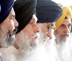 The Shiromani Akali Dal president, Mr Parkash Singh Badal, and other party leaders during a rally at Gandian village in Patiala