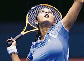 Sania Mirza serves during a pre-quarterfinal match against Sandra Kloesel of Germany in the Sunfeast Open in Kolkata on Thursday. Sania won 7-5, 6-3.