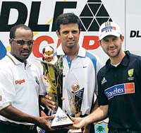 Brian Lara, Rahul Dravid and Ricky Ponting pose with the DLF Cup at the Kinrara Academy Oval in Kula Lumpur on Thursday.
