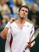 Russia�s Marat Safin reacts after defeating Andy Roddick of the US in a semifinal match of the Davis Cup in Moscow on Friday