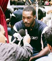 West Indies player Chris Gayle speaks to mediapersons in New Delhi on Monday.