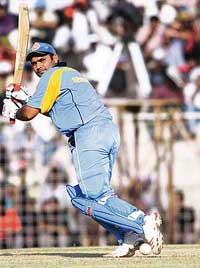 Virender Sehwag of India Blue in action during the final match for the NKP Salve Challenger Trophy against India Red at The Chidambaram Stadium in Chennai on Wednesday