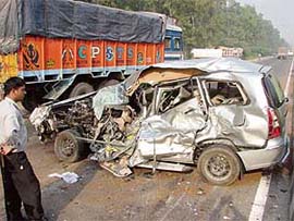 The mangled remains of an Innova after it collided head-on with a truck on the Rajpura-Ambala highway in Chamaru village, near Rajpura, on Friday.