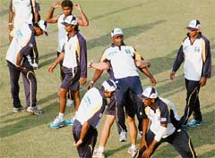 Sri Lanka cricketers during a practice session at the PCA Stadium in Mohali
