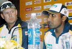 Sri Lanka coach Tom Moody (left) and captain Mahela Jayawardene address mediapersons at the PCA Stadium in Mohali