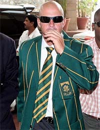 South African cricketer Herschelle Gibbs arrives at a hotel in Mumbai