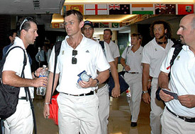 Australian captain Ricky Ponting (extreme left) and his team-mates arrive at a hotel in Chandigarh on Monday. Australia take on India in a Champions Trophy match in Mohali on October 29. 