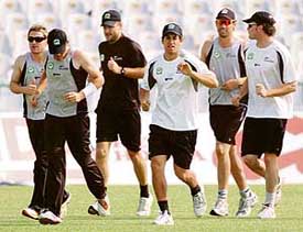 New Zealand captain Stephen Fleming warms up with team-mates during a practice session in Mohali on Tuesday