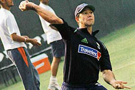 Australian captain Ricky Ponting throws the ball during a training session at the PCA Stadium in Mohali on Saturday. Australia take on India in a decisive match of the Champions Trophy on Sunday.