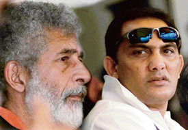 Actor Naseeruddin Shah and former captain of Indian Cricket team Mohammad Azharuddin at the semi-final between Australia and New Zealand of the ICC Champions Trophy at PCA Stadium, Mohali, on Wednesday.