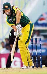 Andrew Symonds of Australia in action against New Zealand in the first semifinal of the Champions Trophy in Mohali on Wednesday.