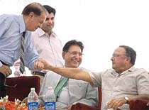 Dr R.C. Sobti, Vice-Chancellor, Panjab University, Chandigarh, interacts with players at Lincoln College of Law, Fatehgarh Sahib, on Monday.