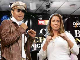 WBC light heavyweight champion Laila Ali with Shelly Burton during a news conference at Madison Square Garden in New York on Wednesday. Ali will defend her title against Burton on Saturday at Madison Square Garden