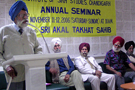 Dr Kirpal Singh speaks on the concluding day of the seminar on �The concept of Sri Akal Takht� at Shivalik Public School in Mohali on Sunday.