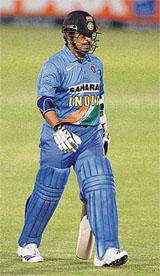 Sachin Tendulkar walks back to the pavilion after being dismissed during the warm-up game against South Africa A at Willowmoore Park, Benoni, on Thursday.