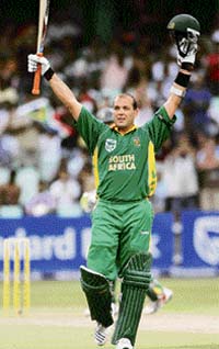 South Africa�s Jacques Kallis celebrates his century during their second one-day match against India at Kingsmead in Durban