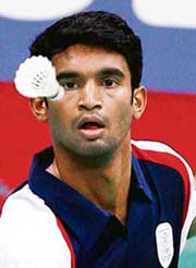 Shuttler Anup Sridhar in action against Sri Lanka�s Dinuka Nishan Karunaratne in Doha on Tuesday. 