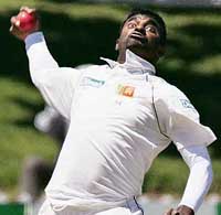 Sri Lanka�s Muttiah Muralitharan in action on day four of the second Test against New Zealand in Wellington on Monday.