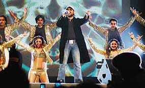 Himesh Reshammiya with his dance troupe at Hardys World in Ludhiana on Friday evening.