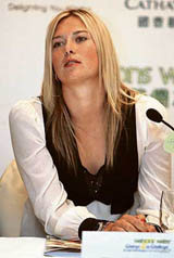 World No. 2 tennis player Maria Sharapova of Russia during a press conference in Hong Kong on Tuesday. Sharapova will be competing with seven other tennis stars in the four-day Watsons Water Champions Challenge beginning Wednesday. � AFP photo
