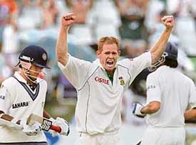 South Africa�s Shaun Pollock celebrates the wicket of India�s last batsman Sourav Ganguly on the second day of the third and final Test at Newlands in Cape Town on Wednesday